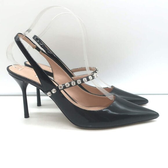 Miu Miu Crystal-Strap Pumps Black Patent Leather Size 37.5 Pointed Toe Heels - Picture 3 of 13